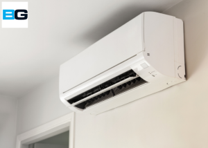 Air conditioning unit on a white wall with BG Air logo