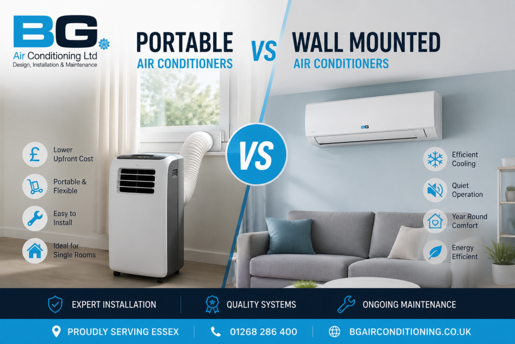 Comparison of a portable air conditioner and a wall mounted air conditioning unit, highlighting the benefits of each for homes and businesses in Essex. BG Air Conditioning Ltd.