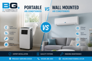 Comparison of a portable air conditioner and a wall mounted air conditioning unit, highlighting the benefits of each for homes and businesses in Essex. BG Air Conditioning Ltd.